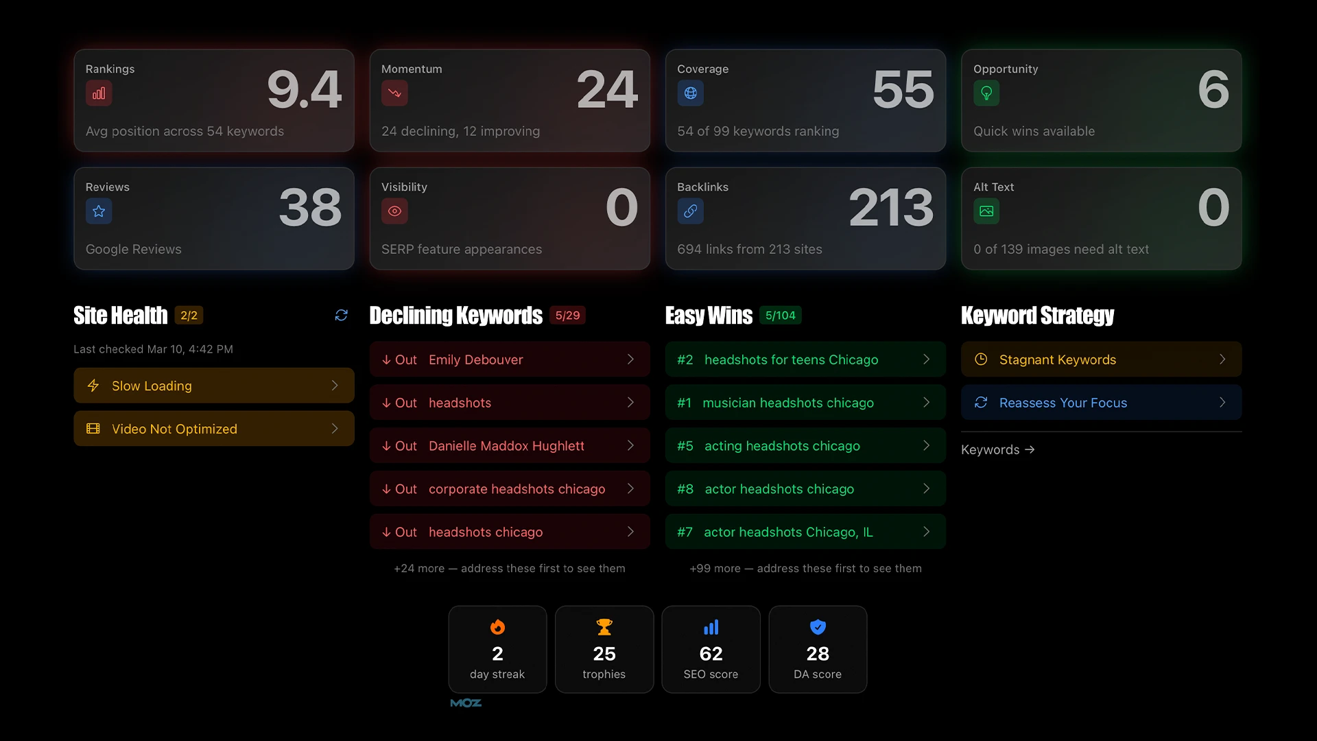 AiSEO dashboard fully populated with SEO data